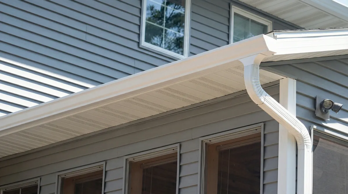 Professional home remodeling project showing newly installed white seamless gutters and downspouts on a house with gray siding in Green Bay, WI