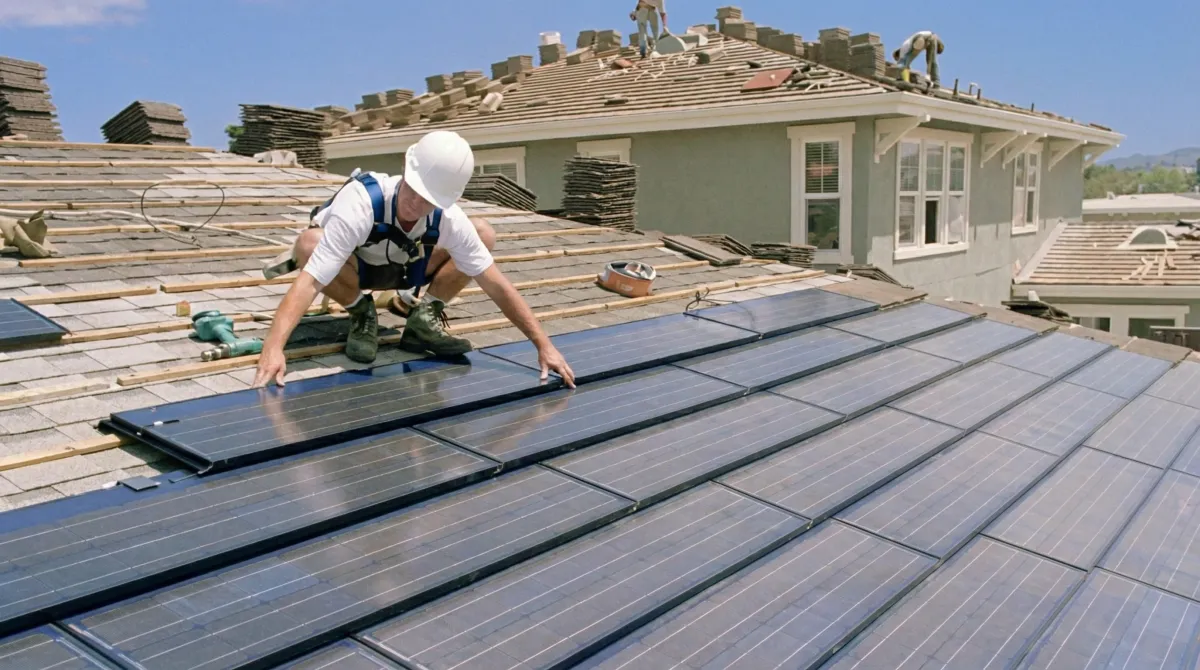 Roof replacement expert installing modern solar shingles on a residential home in Green Bay, WI