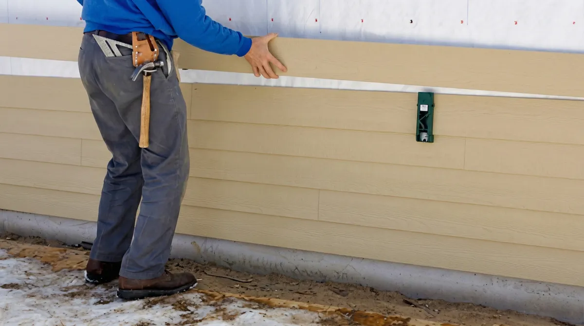 Siding replacement expert carefully aligning a new tan siding panel onto a residential exterior wall in Green Bay, WI