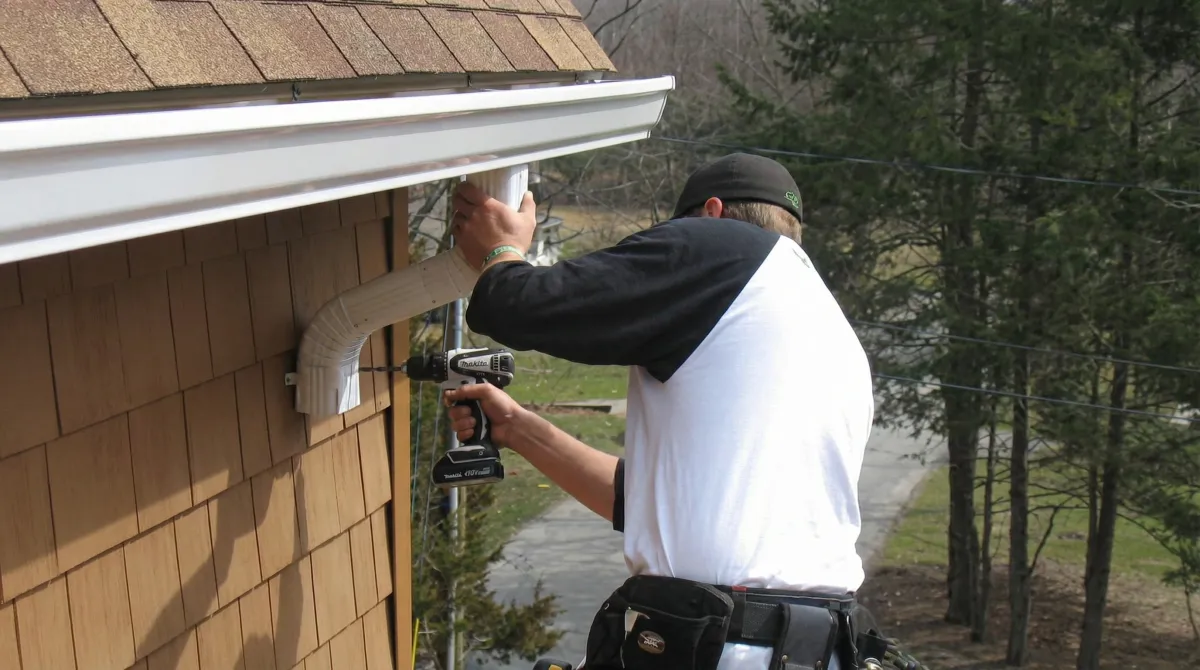 Professional contractor installing tan vinyl siding panels on a residential home exterior in Green Bay, WI