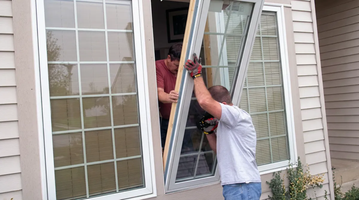 Professional home remodeling team installing a large replacement window on a house with tan siding in Green Bay, WI
